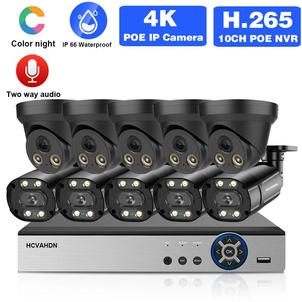 CCTV Camera Security System Kit Full Color Night 4K 10CH POE NVR Kit Outdoor Waterproof IP Camera Video Surveillance System Set