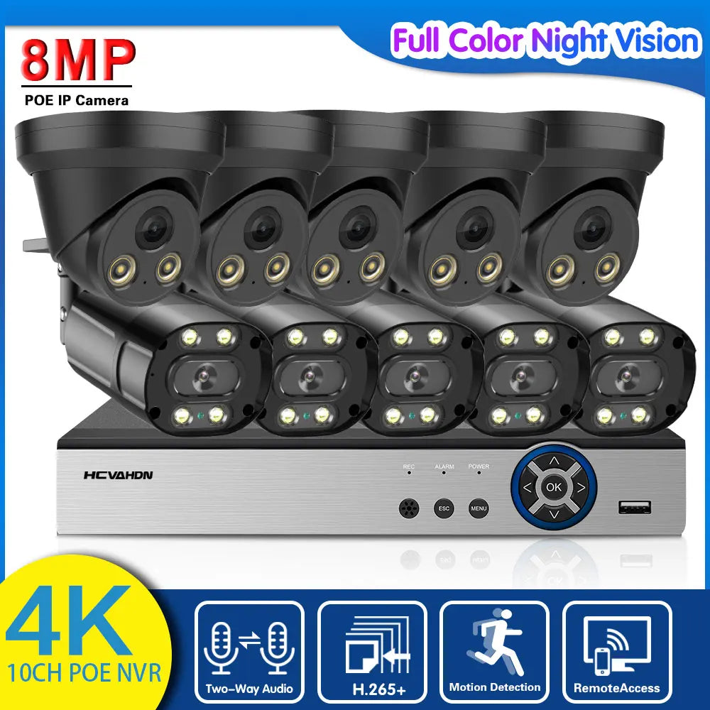 CCTV Camera Security System Kit Full Color Night 4K 10CH POE NVR Kit Outdoor Waterproof IP Camera Video Surveillance System Set