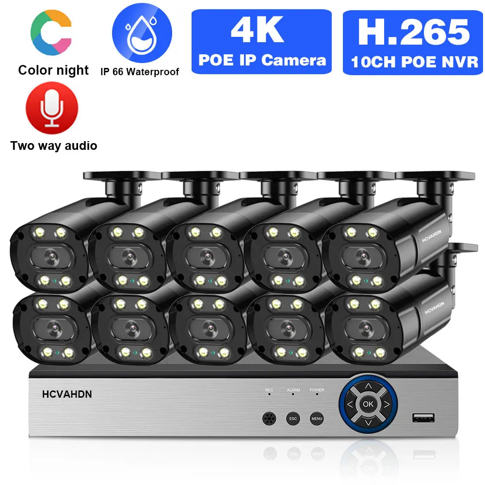 CCTV Camera Security System Kit Full Color Night 4K 10CH POE NVR Kit Outdoor Waterproof IP Camera Video Surveillance System Set