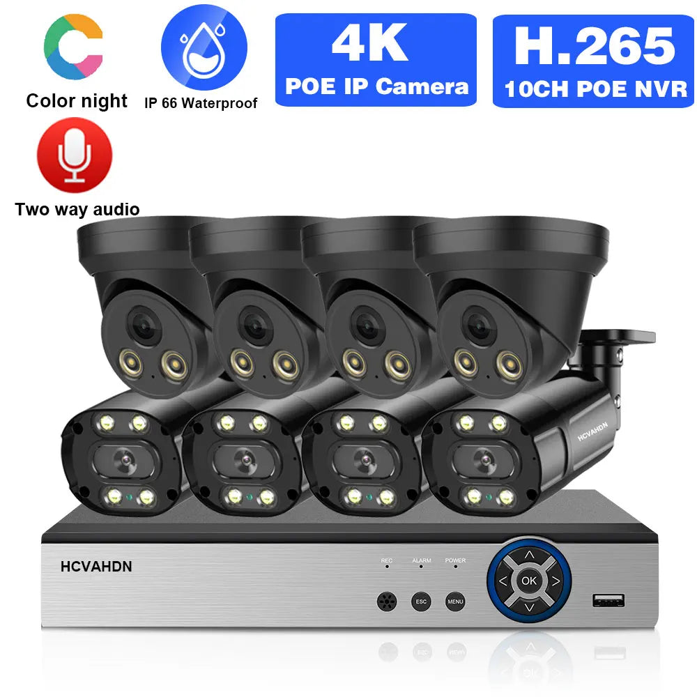 CCTV Camera Security System Kit Full Color Night 4K 10CH POE NVR Kit Outdoor Waterproof IP Camera Video Surveillance System Set