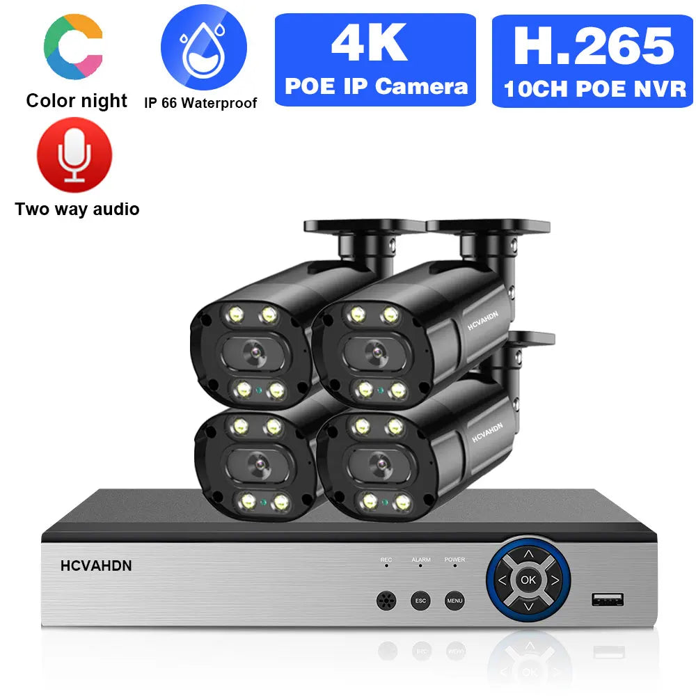CCTV Camera Security System Kit Full Color Night 4K 10CH POE NVR Kit Outdoor Waterproof IP Camera Video Surveillance System Set