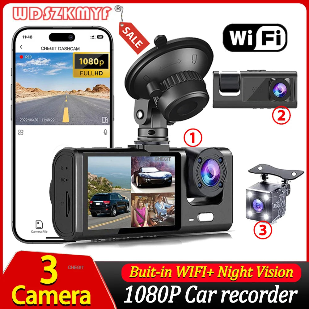 3Channel Dash Cam for Car 1080P Video Recorder WIFI APP Dashcam Car DVR  Front and Rear View Camera Night Vision car accessory